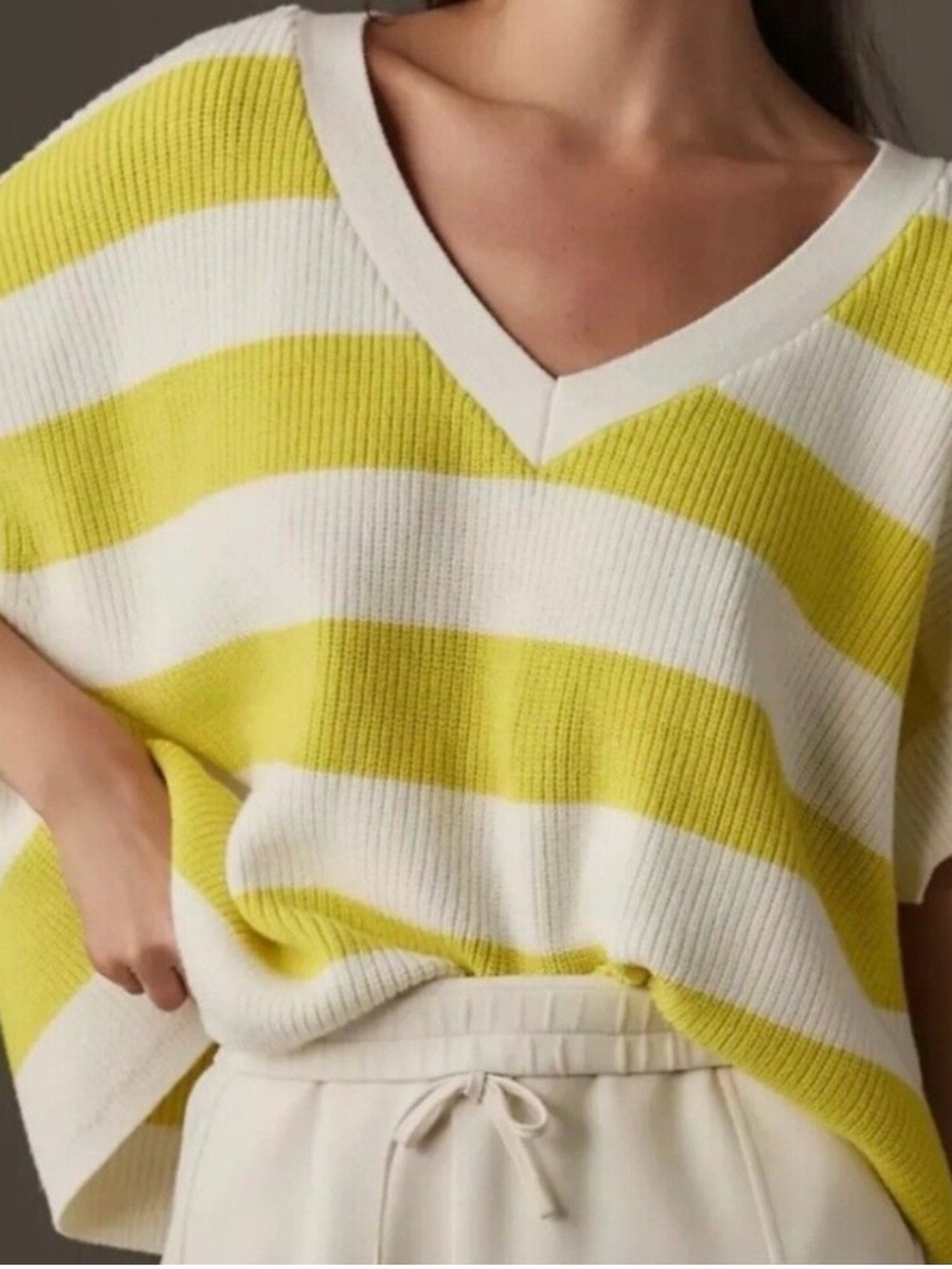Maeve by Anthropologie Striped V-Neck Sweater Top Yellow White 1X